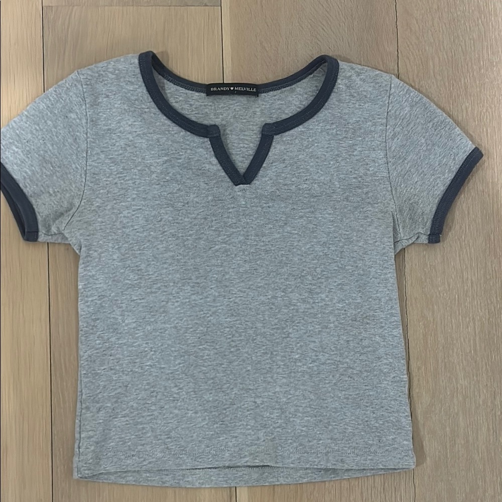 Brandy Melville grey short sleeve shirt with navy trim